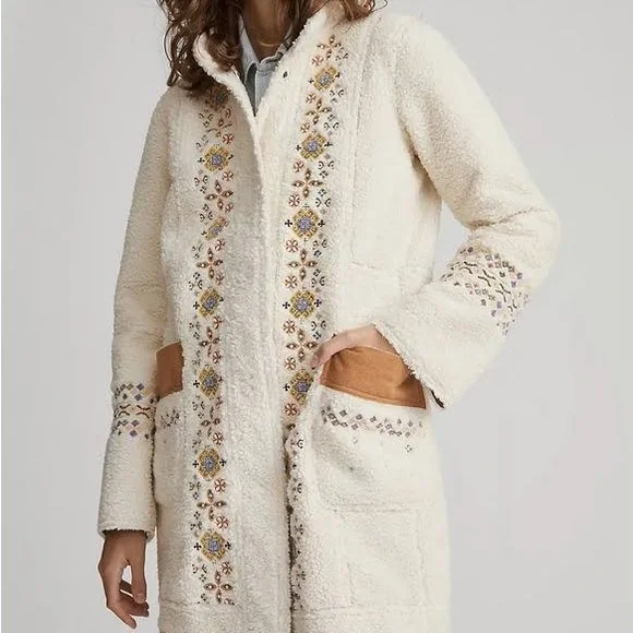 Anthropologie Maeve Embroidered Sherpa Coat - Picture 2 of 3